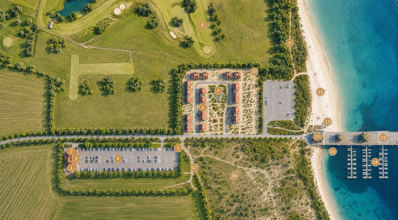 Site plan of the Bades Huk Resort on the Baltic Sea with numbered facilities