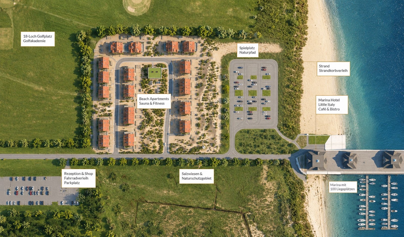 Lageplan Bades Huk – Resort-Übersicht mit Apartments, Marina, Golfplatz und Strand