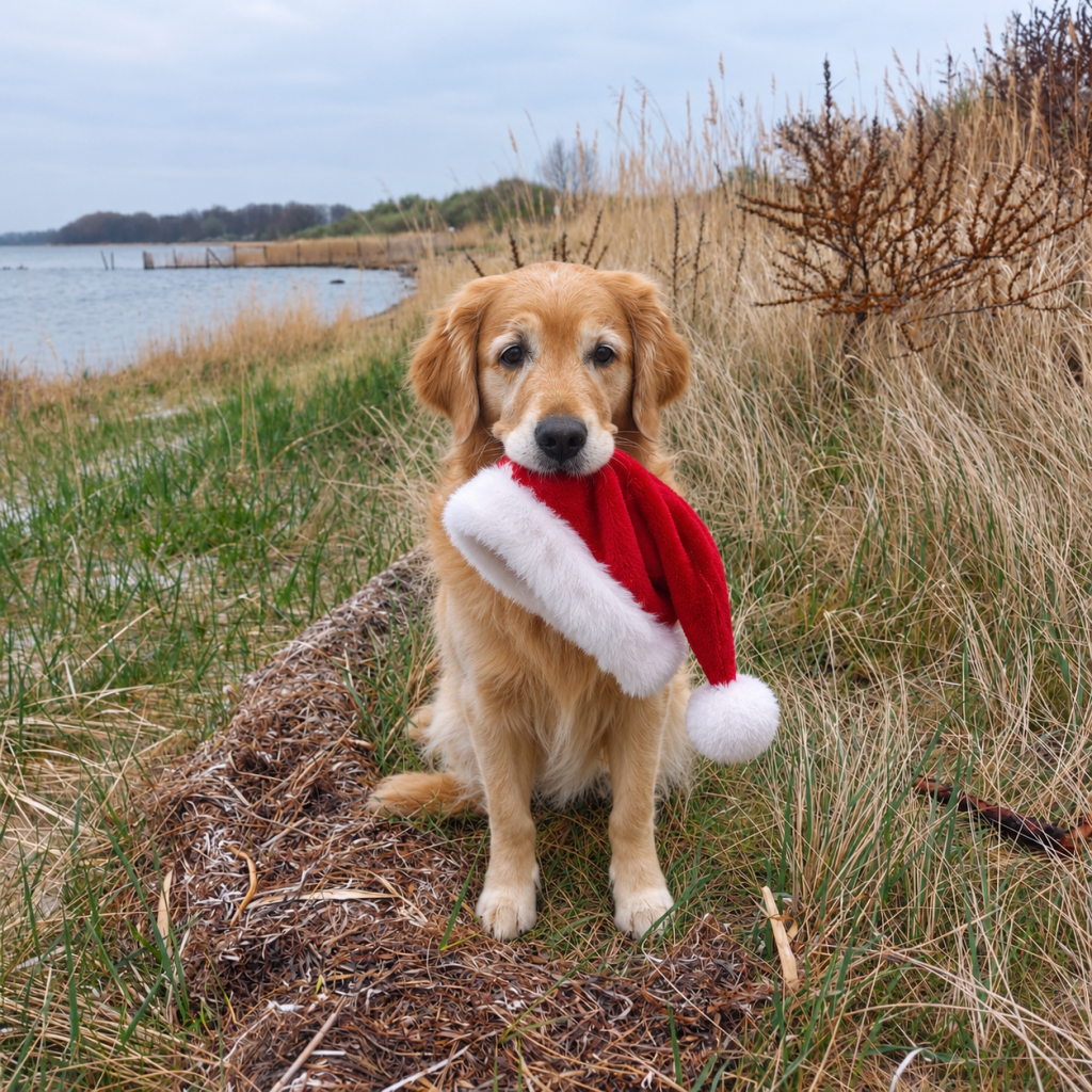 Golden Retriever mit Nikolausmütze am Seeufer